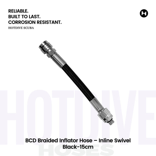 BCD Braided Inflator Hose – Inline Swivel, Black, 15 cm — BC11-A-15-B