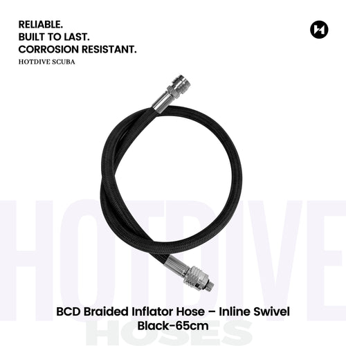 BCD Braided Inflator Hose – Inline Swivel, Black, 65 cm — BC11-A-65-B