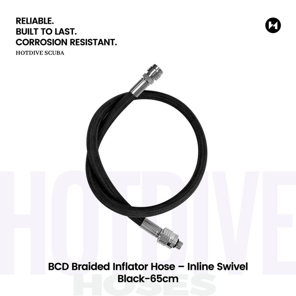 BCD Braided Inflator Hose – Inline Swivel, Black, 65 cm — BC11-A-65-B
